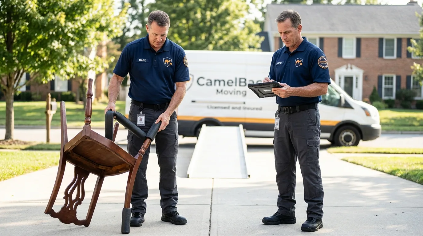 Movers inspecting furniture for damage prevention before loading in Smithfield, UT