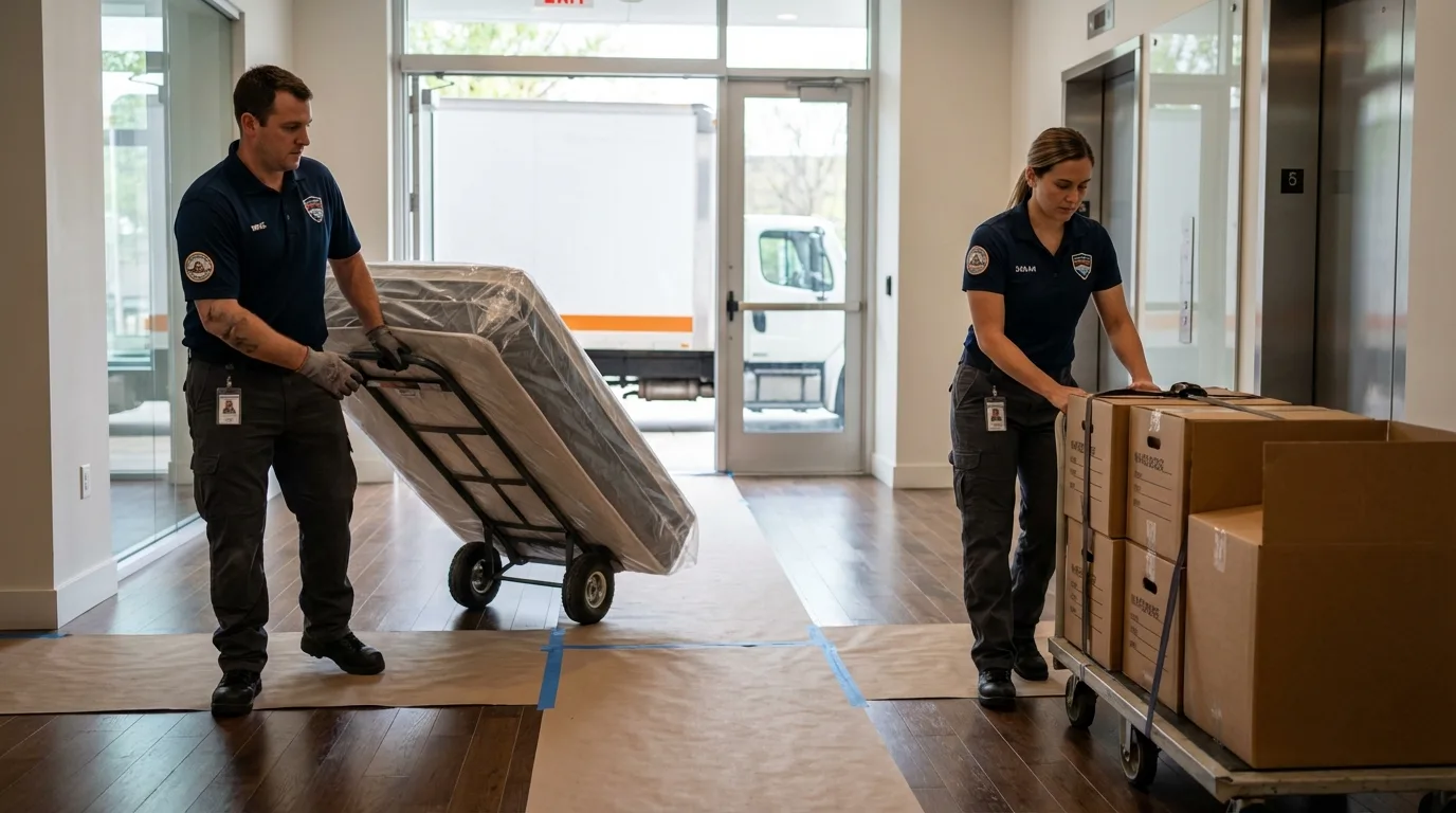 Professional apartment movers loading elevator in Smithfield, UT